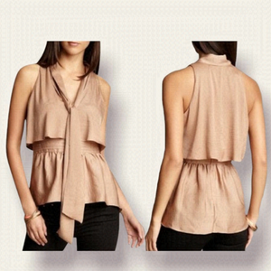 BCBGMaxAzria Womens Celline Camel Top Size Small FLAW Ruffle Satin Neutral